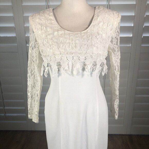 Vtg 80s Sheena Cream Ivory Sheath Dress 8 Lace Long Sleeves Romantic Victorian - Picture 1 of 12